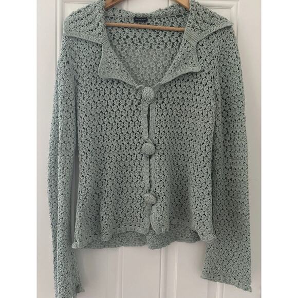 Magaschoni Sweaters - Magaschoni Chunky‎ Crochet M Open Knit V Neck Collarded Cardigan Seafoam Coastal